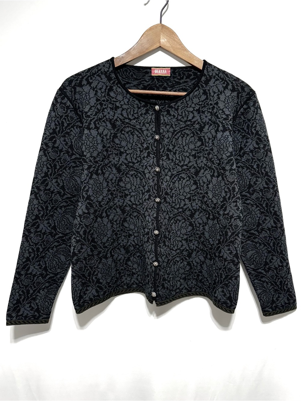 Oleana Espeland Wool Silk Jacquard Cardigan Women’s M Blue Black Grey Floral